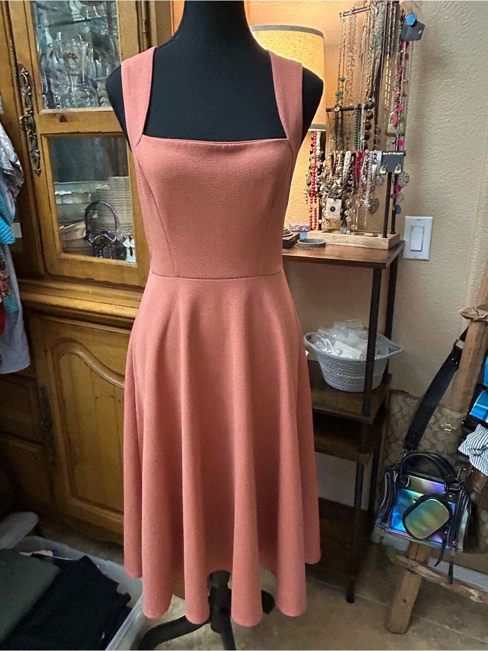 Boohoo Square Neck A-Line Midi Dress in Dusty Rose